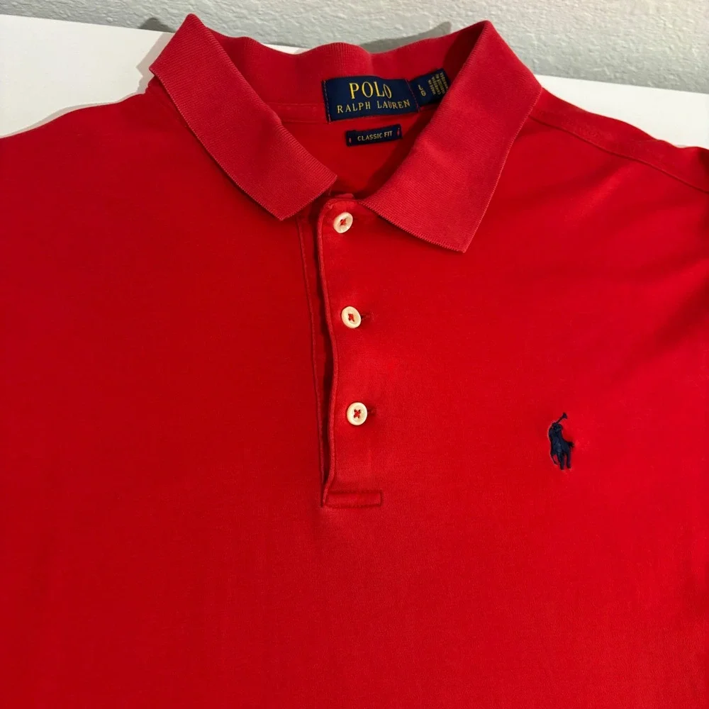 Polo Ralph Lauren Polo Shirt Mens L Red Classic Fit Short Sleeve Blue Pony Logo